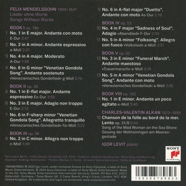 Rückseite einer CD-Hülle mit der Titelliste von Felix Mendelssohns Lieder ohne Worte. Weißer Hintergrund.