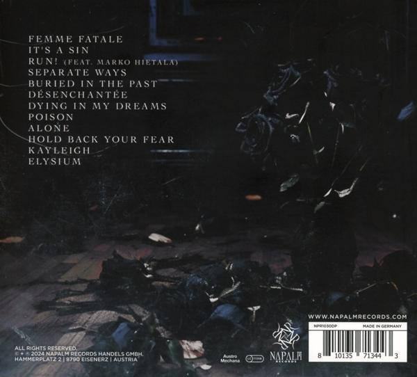 CD-Cover mit Liedtiteln wie 'Femme Fatale'. Dunkler Hintergrund mit Rosen.