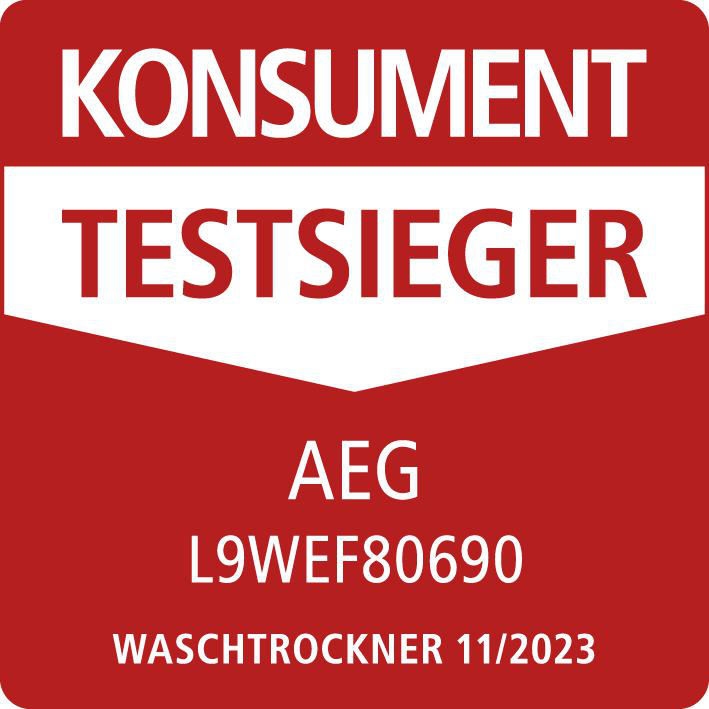 Rotes und weißes Schild, 'Konsument Testsieger' und 'AEG L9WEF80690 Waschtrockner 11/2023'.