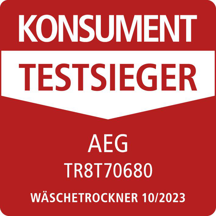 Ein rot-weißes Abzeichen mit Text: Konsument, TestSieger. Darunter AEG, TR8T70680, Wäschetrockner 10/2023.
