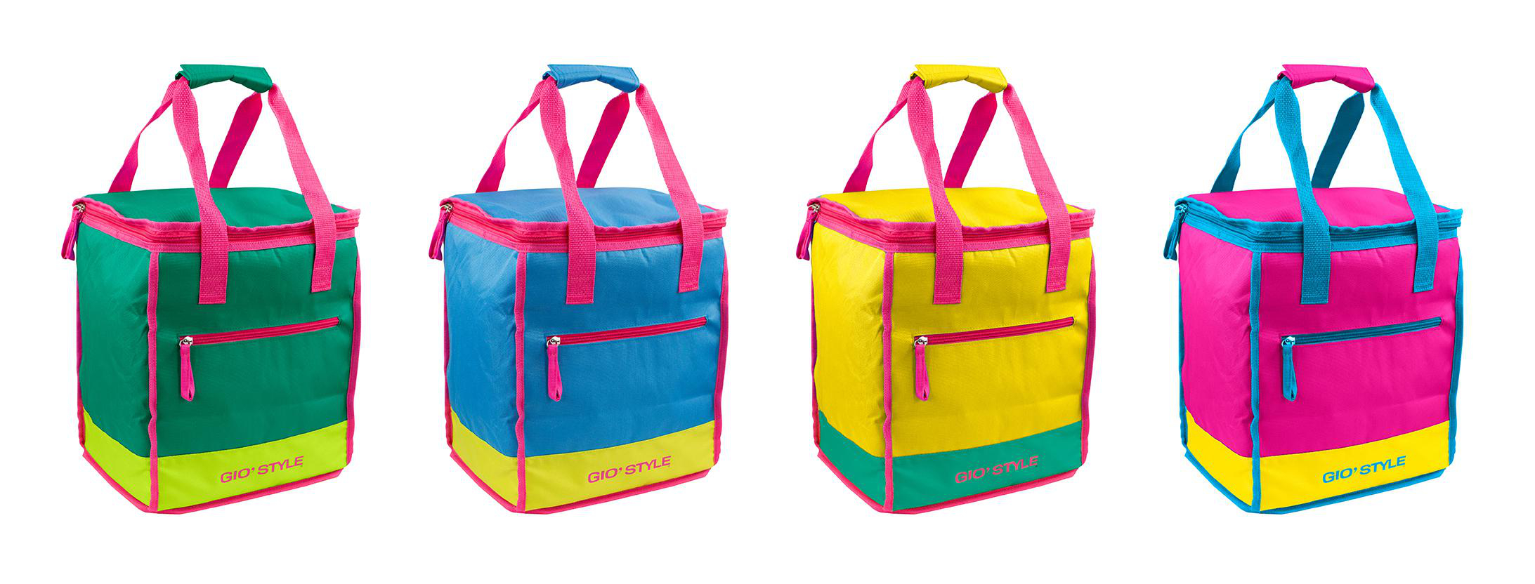 Vier bunte Kühltaschen nebeneinander. Sie sind grün, blau, gelb und pink mit pinken Akzenten.