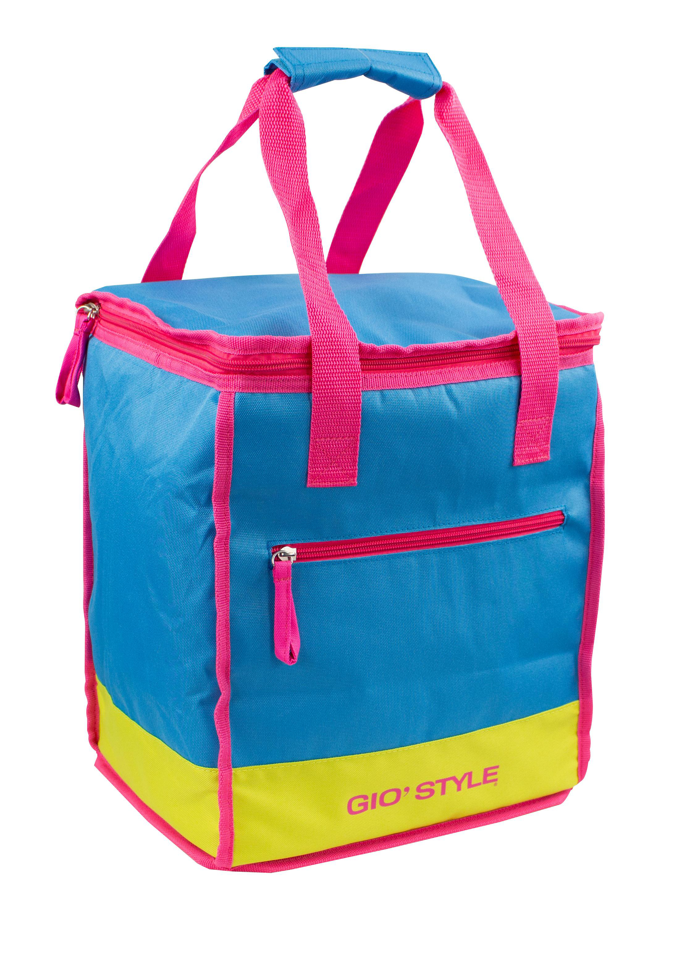 Eine blaue, gelbe und rosa isolierte Kühltasche mit Reißverschluss und Griff. Der Markenname ist sichtbar.