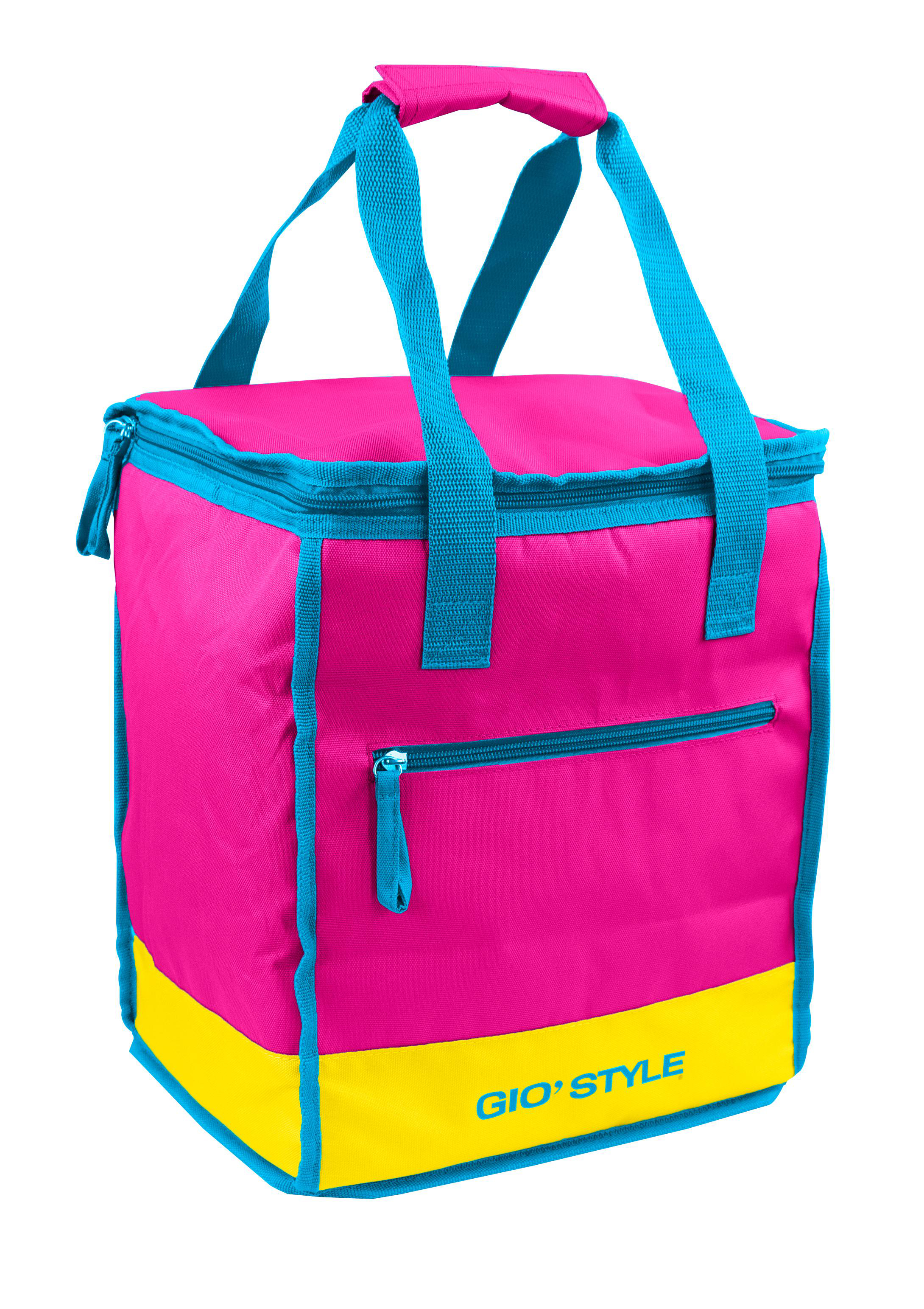 Eine rosa Kühltasche mit blauen Verzierungen und Griffen sowie gelbem Boden.