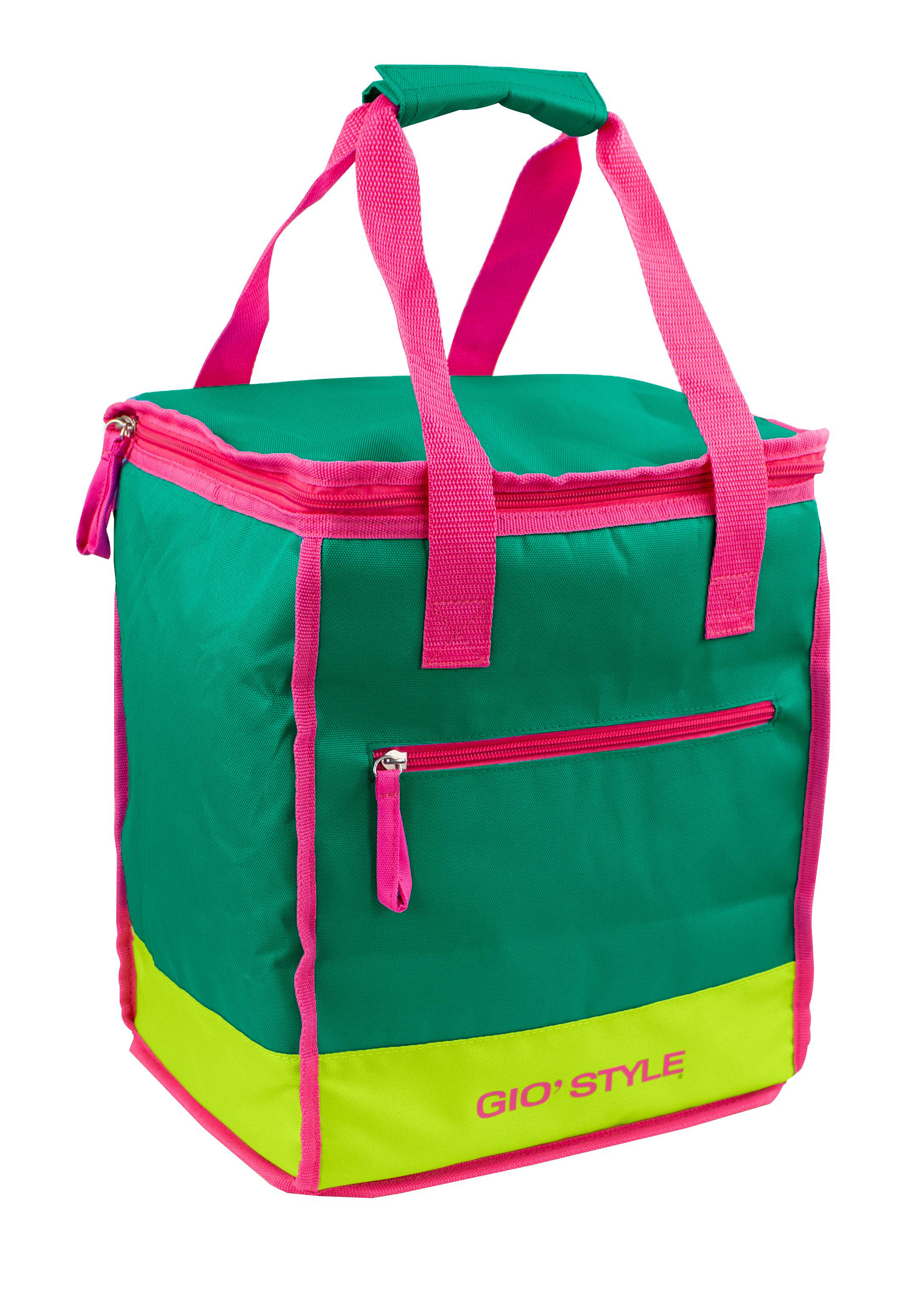 Grüne Kühltasche mit pinken Akzenten, einem pinken Reißverschluss und dem Markennamen GIO' STYLE.