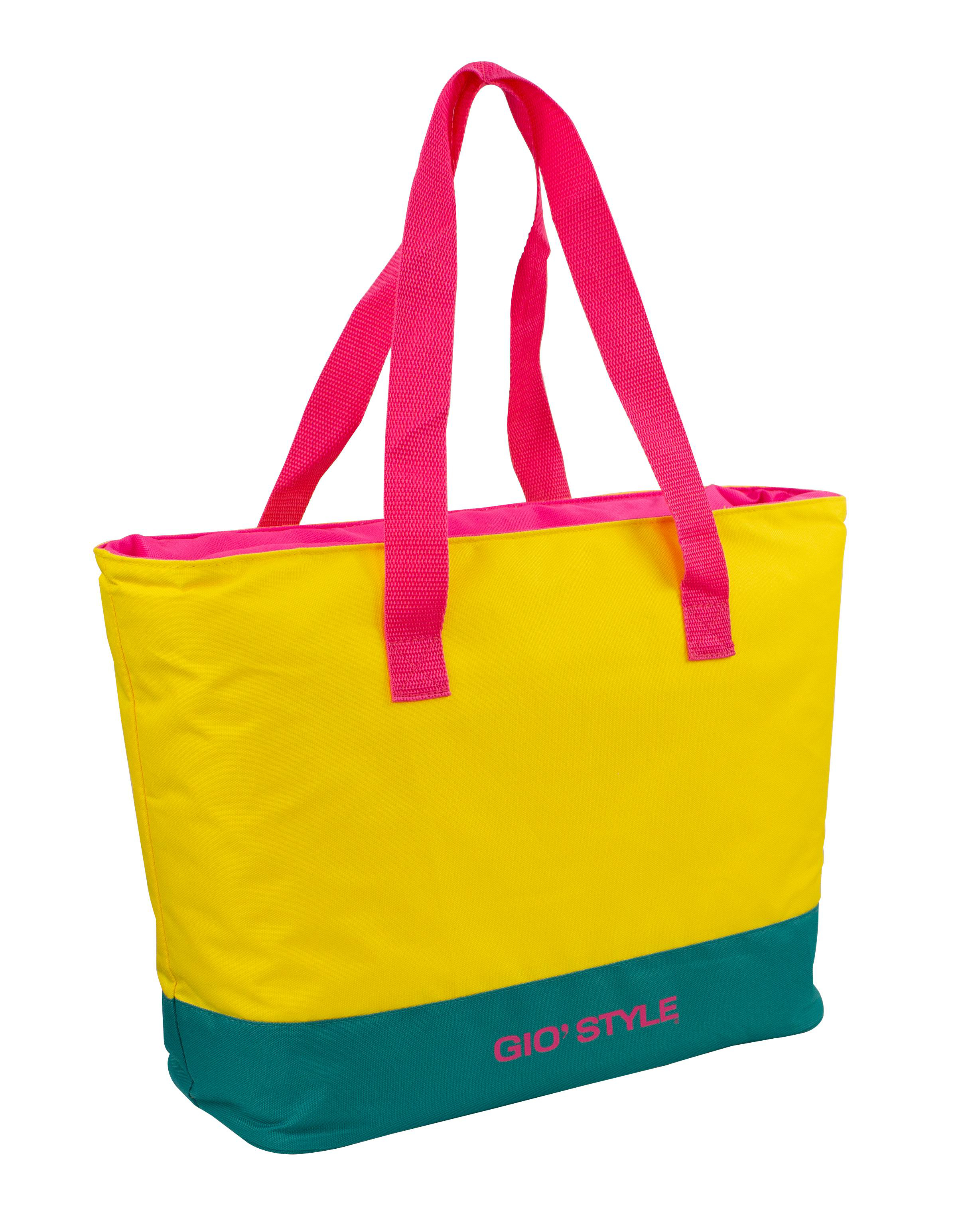 Eine gelbe und teal Tragetasche mit rosa Henkeln und dem Logo GIO' STYLE.
