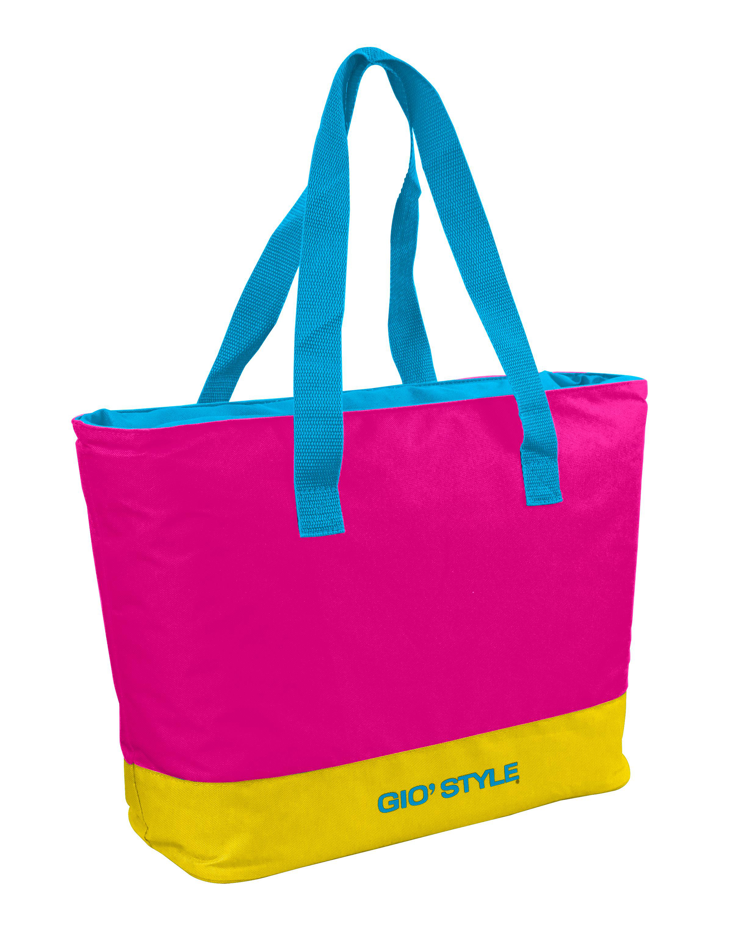 Eine rosa Tragetasche mit blauen Griffen und Verzierungen, gelber Boden mit GIO' STYLE Logo.