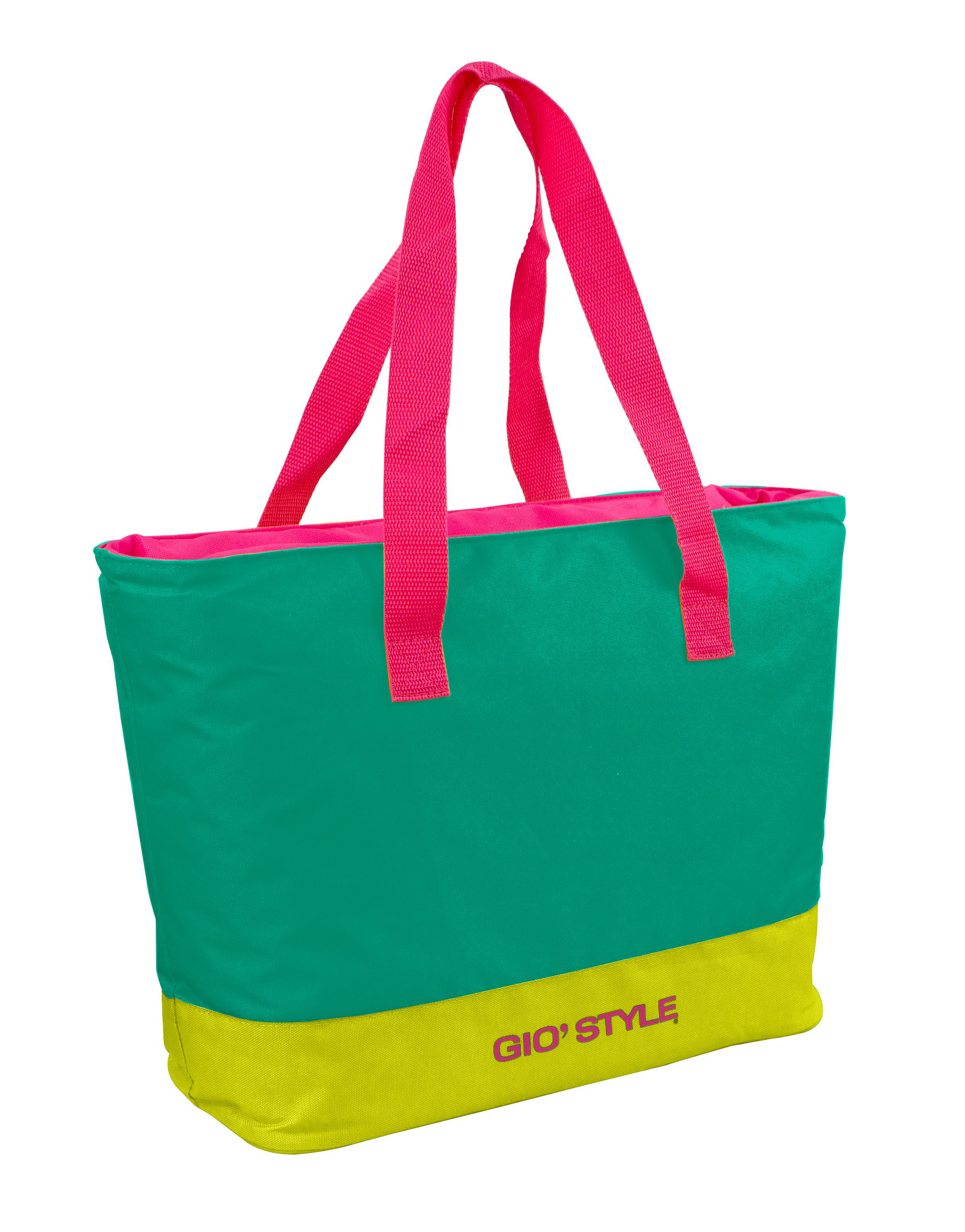 Eine grüne und gelbe Tragetasche mit rosa Henkeln.