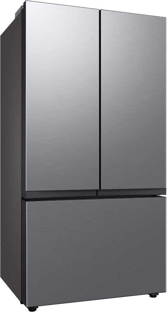 Réfrigérateur en acier inoxydable. Deux portes en haut, un tiroir en bas. Couleur argent.