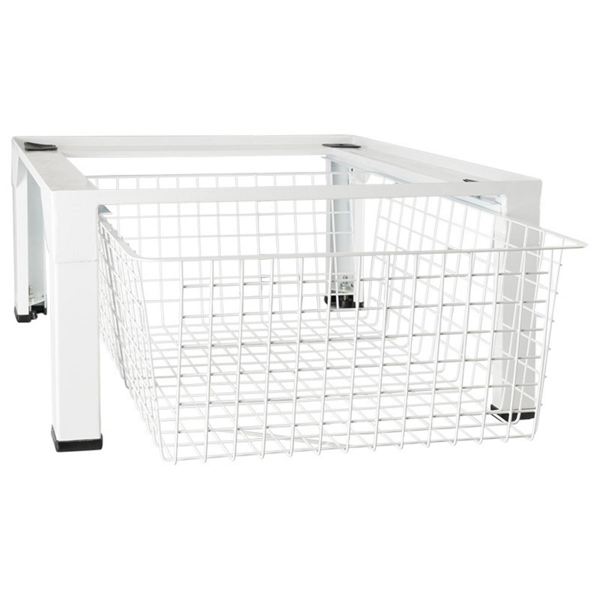 Biała metalowa rama z białym drucianym koszem, przeznaczona do przechowywania.