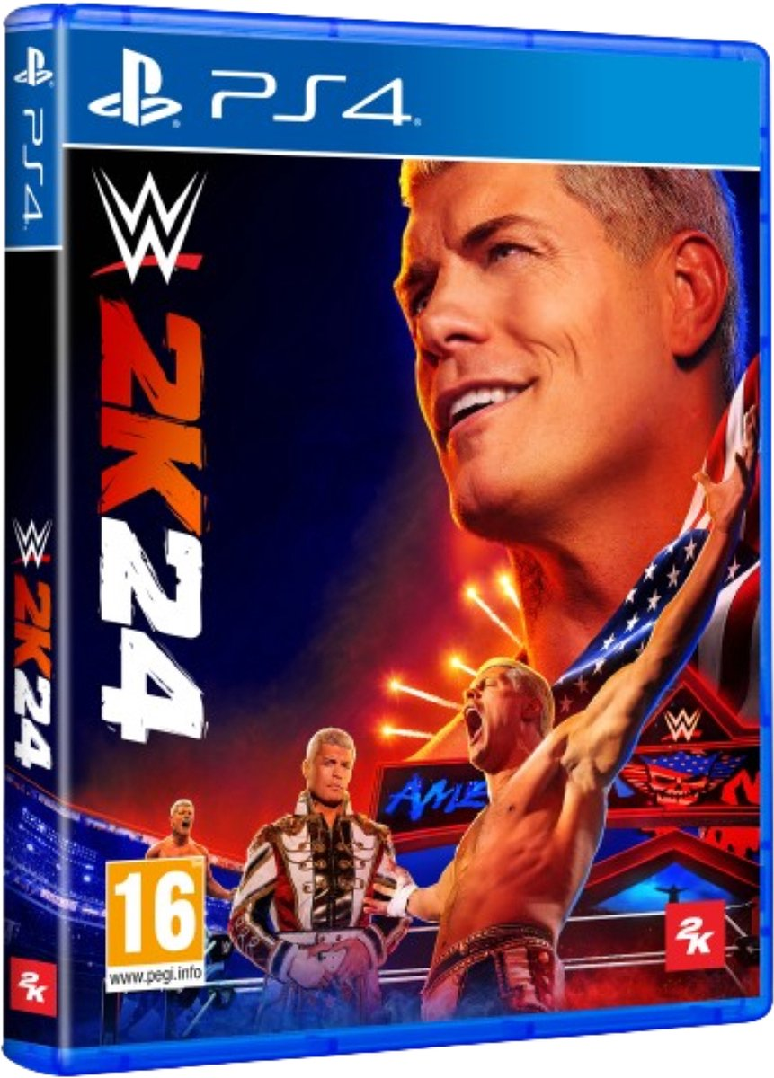 WWE 2K24 game cover: Cody Rhodes in actiepose. PS4 logo linksboven. Andere worstelaars en rating.
