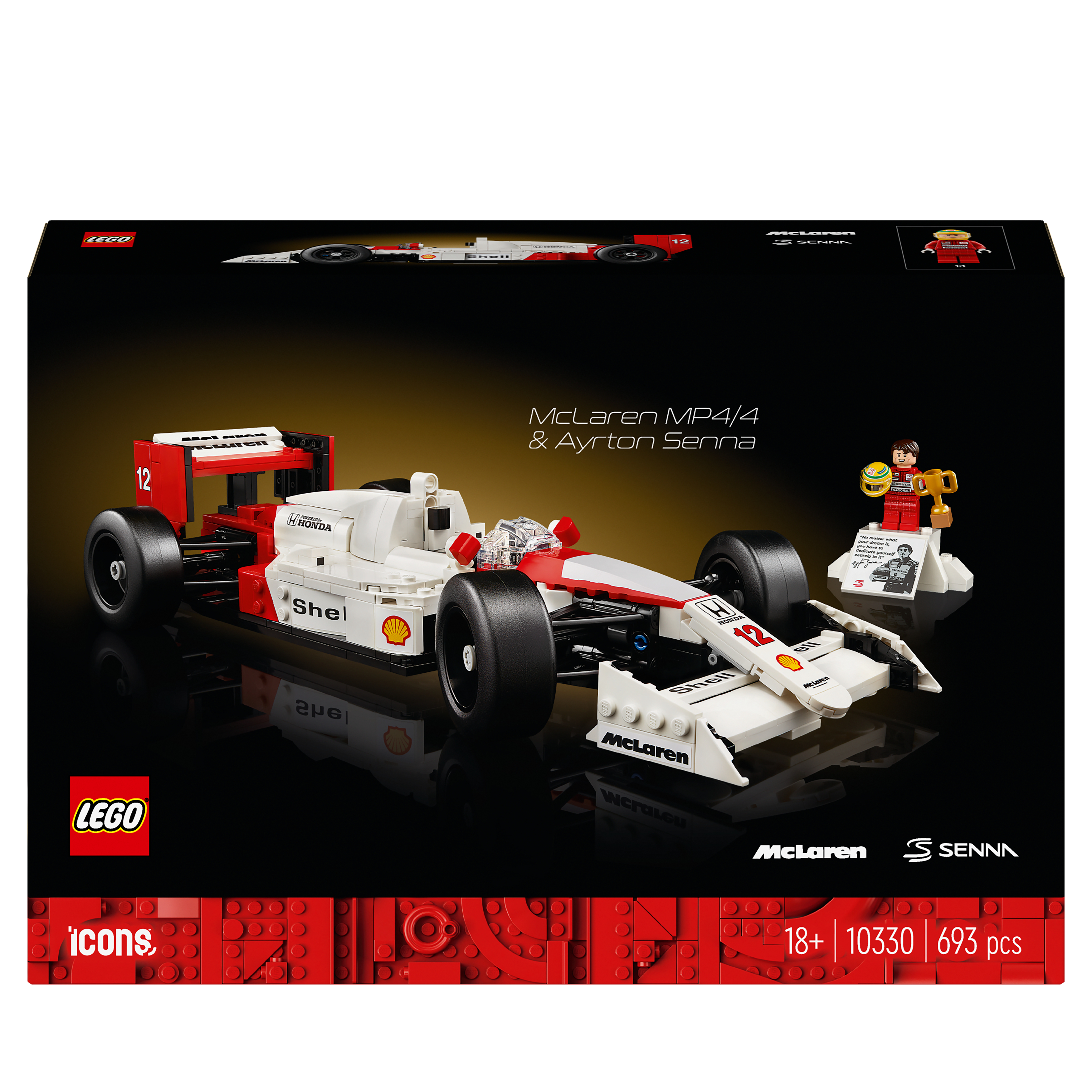 LEGO-Box mit einem rot-weißen McLaren-Auto und einer Ayrton-Senna-Figur.
