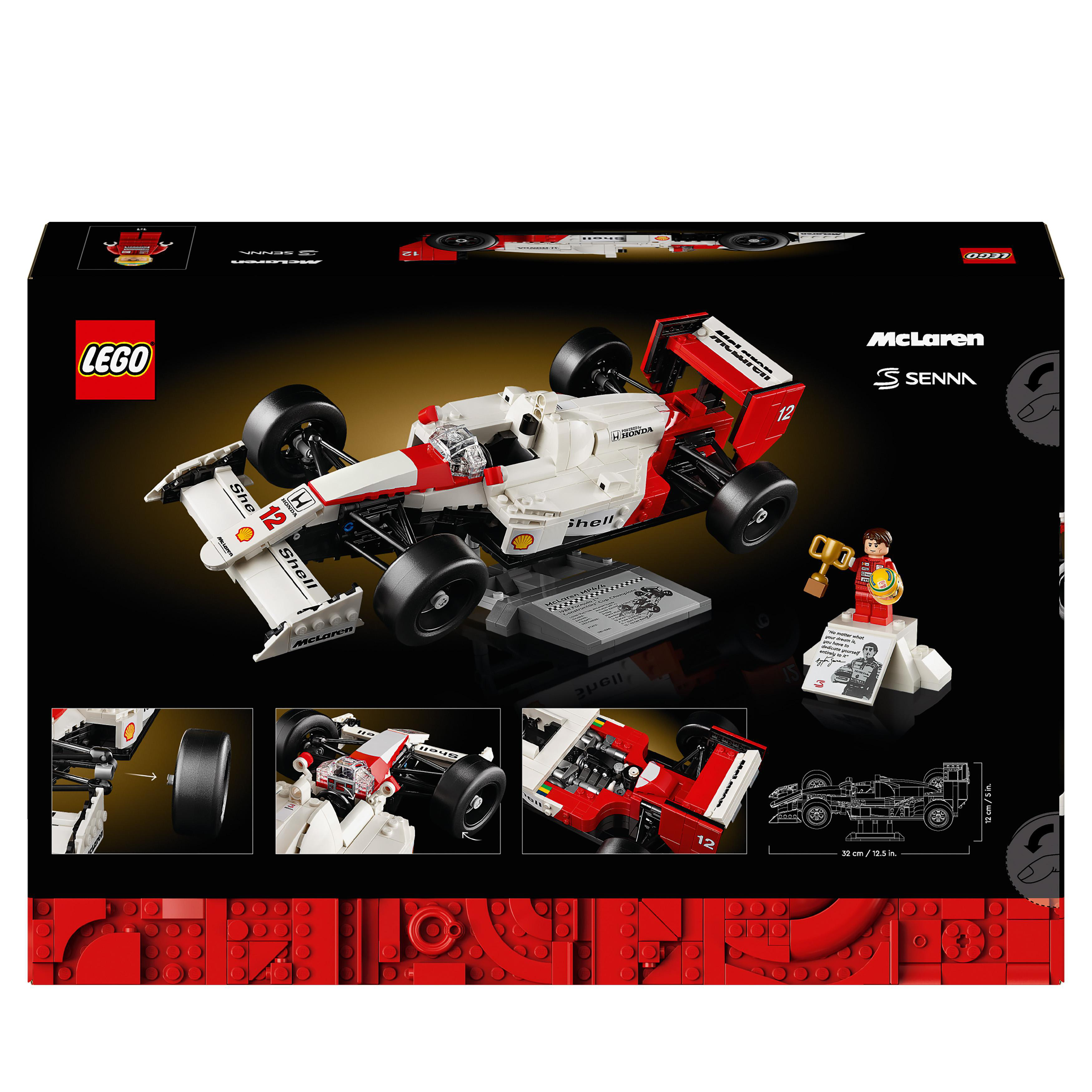 Lego McLaren Senna F1-Auto-Set-Box, mit zusätzlichen Bildern des Autos und der Minifigur.