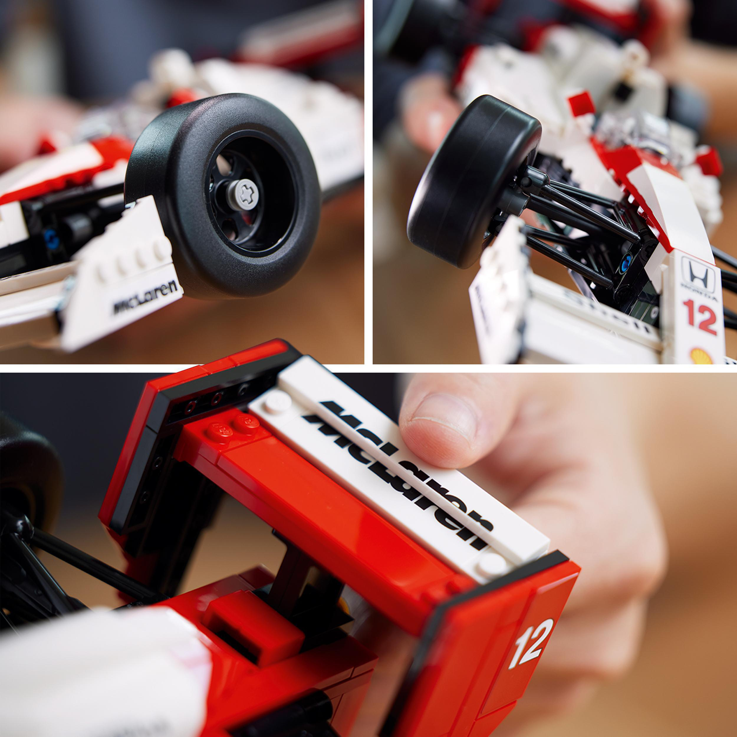 Nahaufnahmen eines Lego McLaren Rennwagenmodells. Details umfassen Rad, Karosserie und Logos.