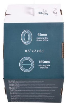 Pudełko z tekstem i diagramami. Jest dla opon 8,5", pokazujących szerokość i średnicę felgi.