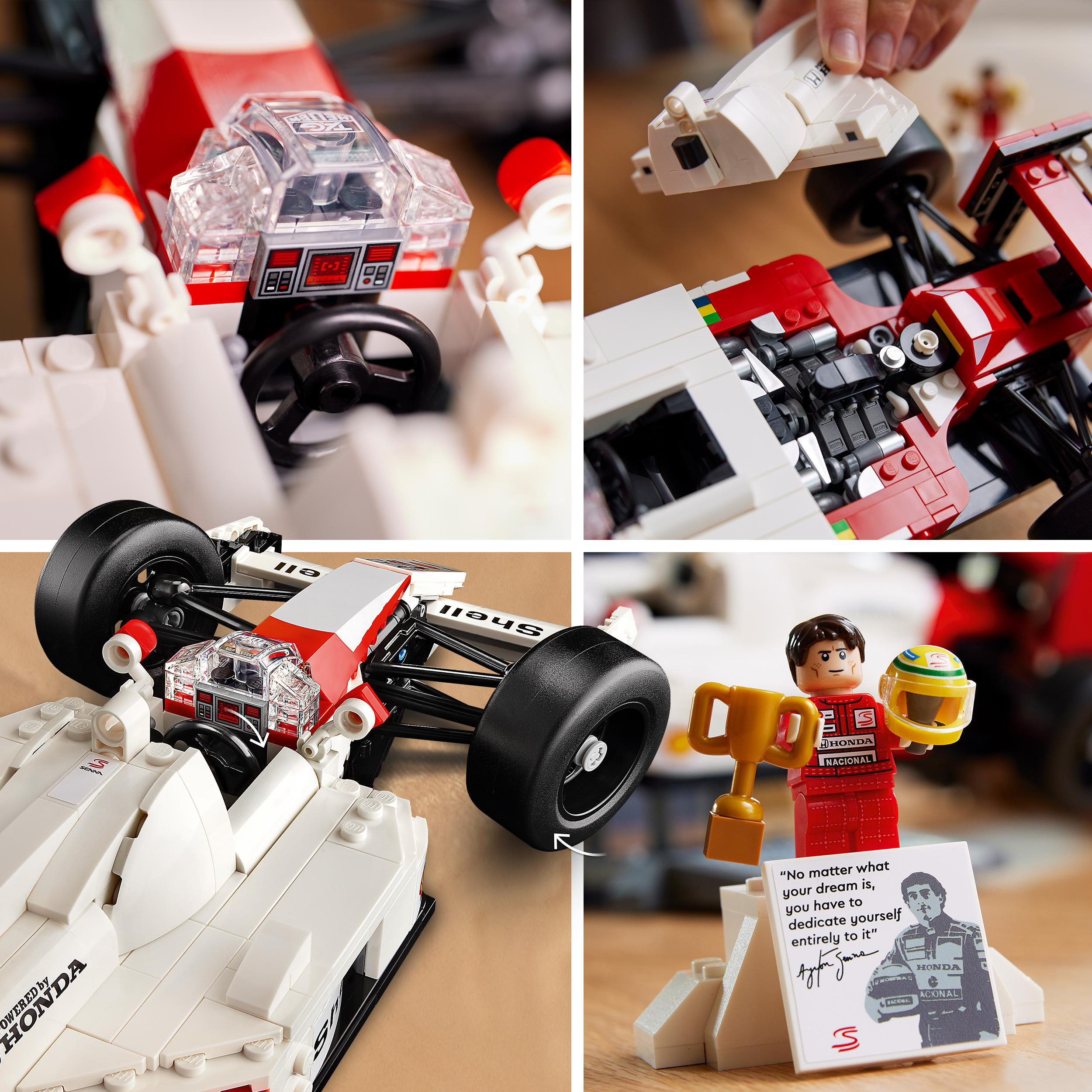 Lego-Autoteile mit einer Minifigur, die eine Trophäe und ein Zitat hält.