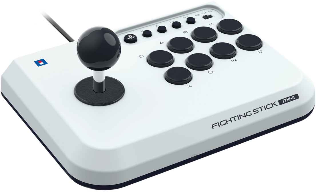 Manette Fighting Stick Mini blanche et bleue. Joystick, boutons et logo Playstation.