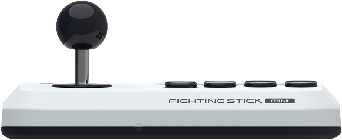 Manette d'arcade blanche et noire avec un joystick et quatre boutons.