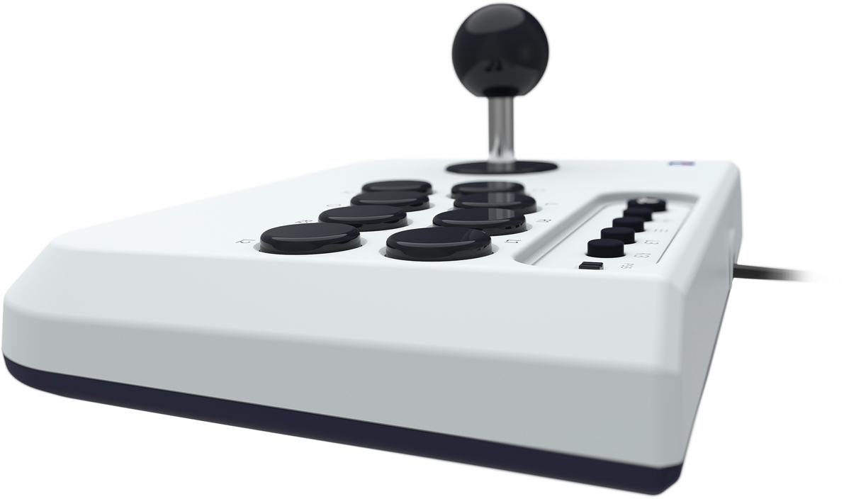 Joystick d'arcade blanc avec boutons noirs et un dessus sphérique noir.