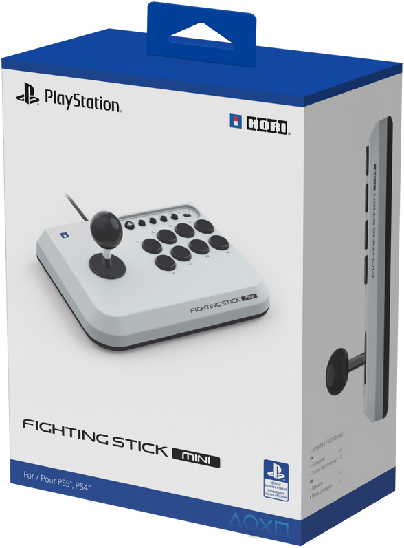 Boîte de contrôleur de jeu mini PlayStation Fighting Stick blanche et bleue.