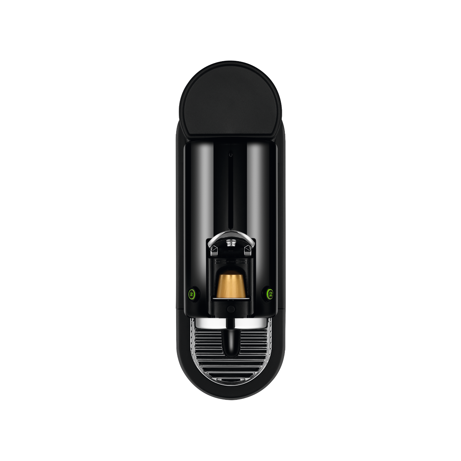 Bovenaanzicht van een zwarte Nespresso-koffiemachine.