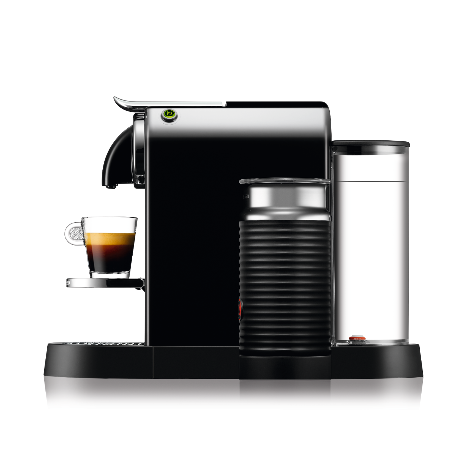Black Nespresso coffee machine with a cup of coffee, a milk frother, and a water tank on a white background.