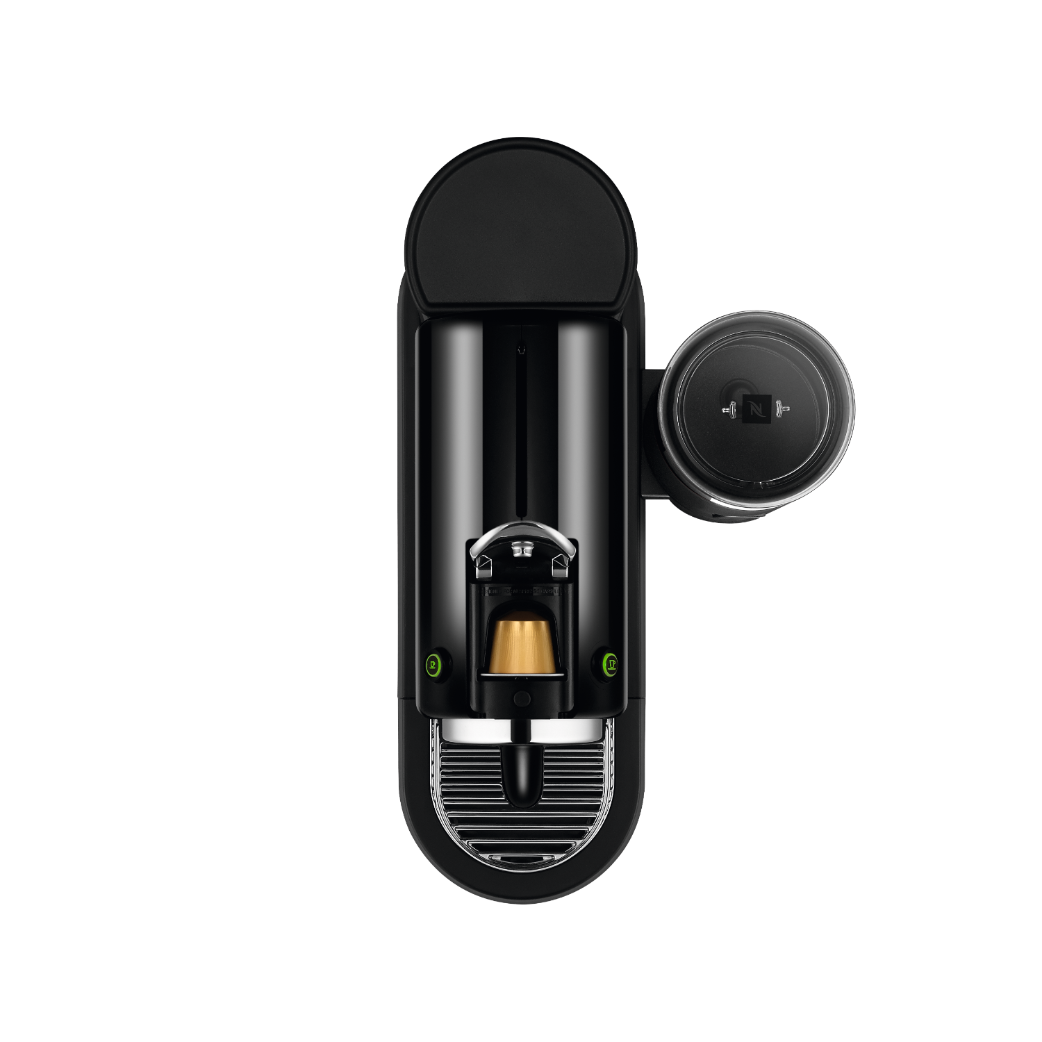 A black coffee machine with a cup inside and a pod in place. Top view.