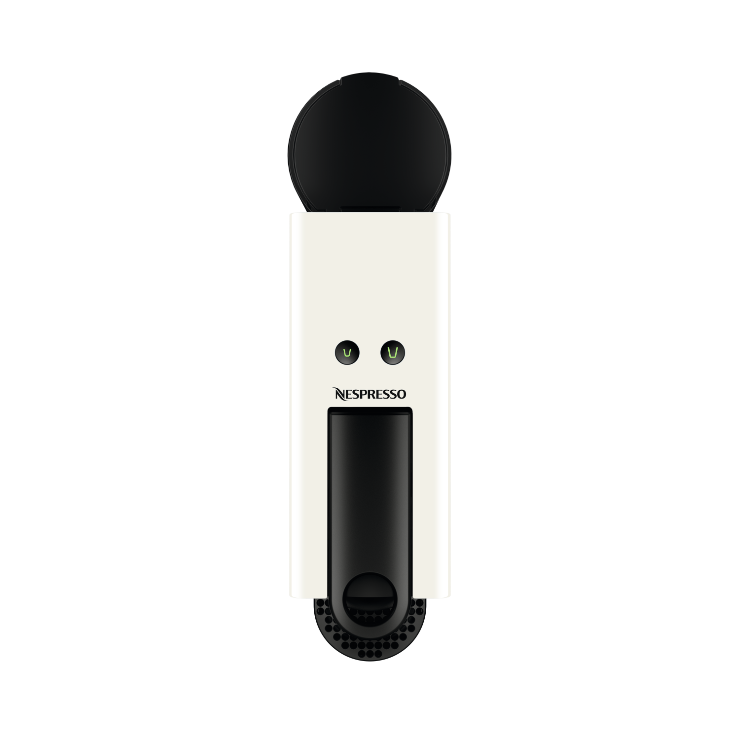 A white and black Nespresso coffee machine, top down view, standing against a black background.