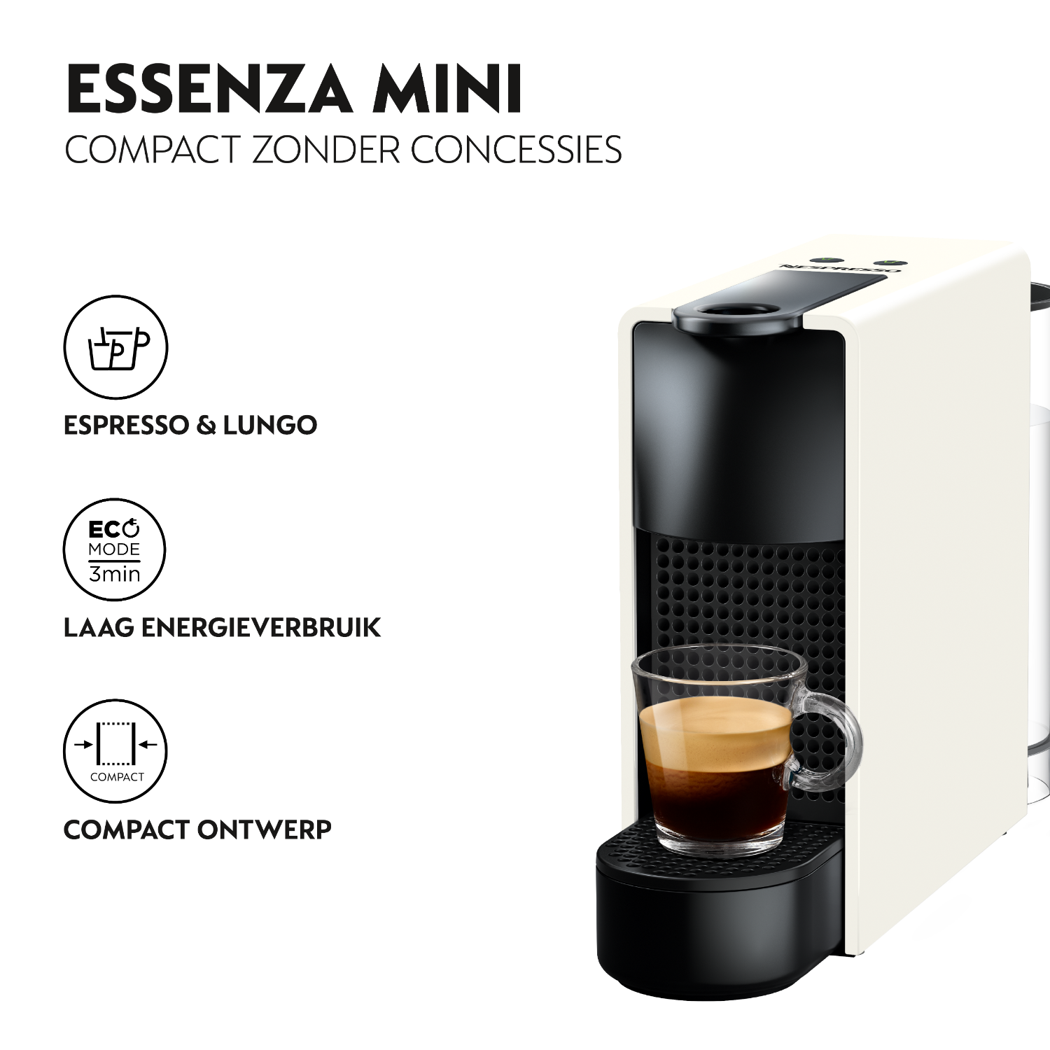 White and black Nespresso coffee machine with a glass of coffee. Compact design.