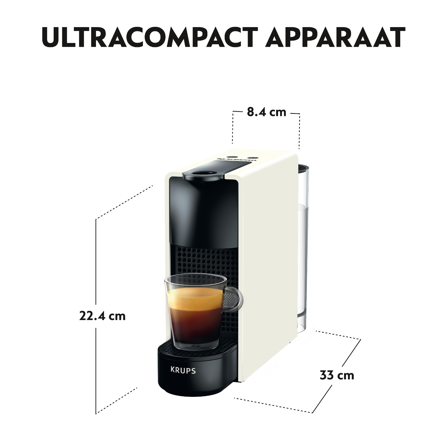 Cream and black espresso machine with a glass of coffee, dimensions are shown.