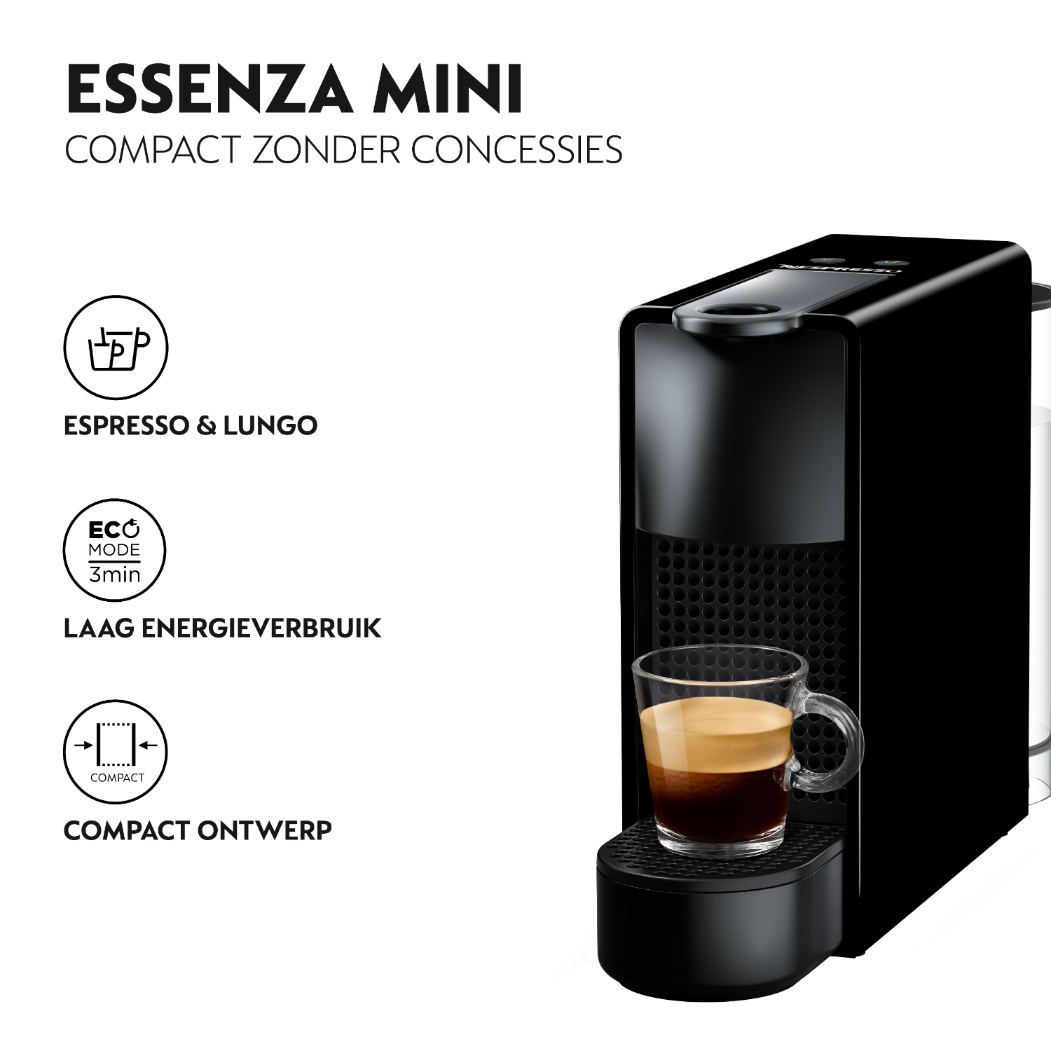 Black espresso machine with text ESSENZA MINI. Shows icons for espresso & lungo, eco mode, and compact design.