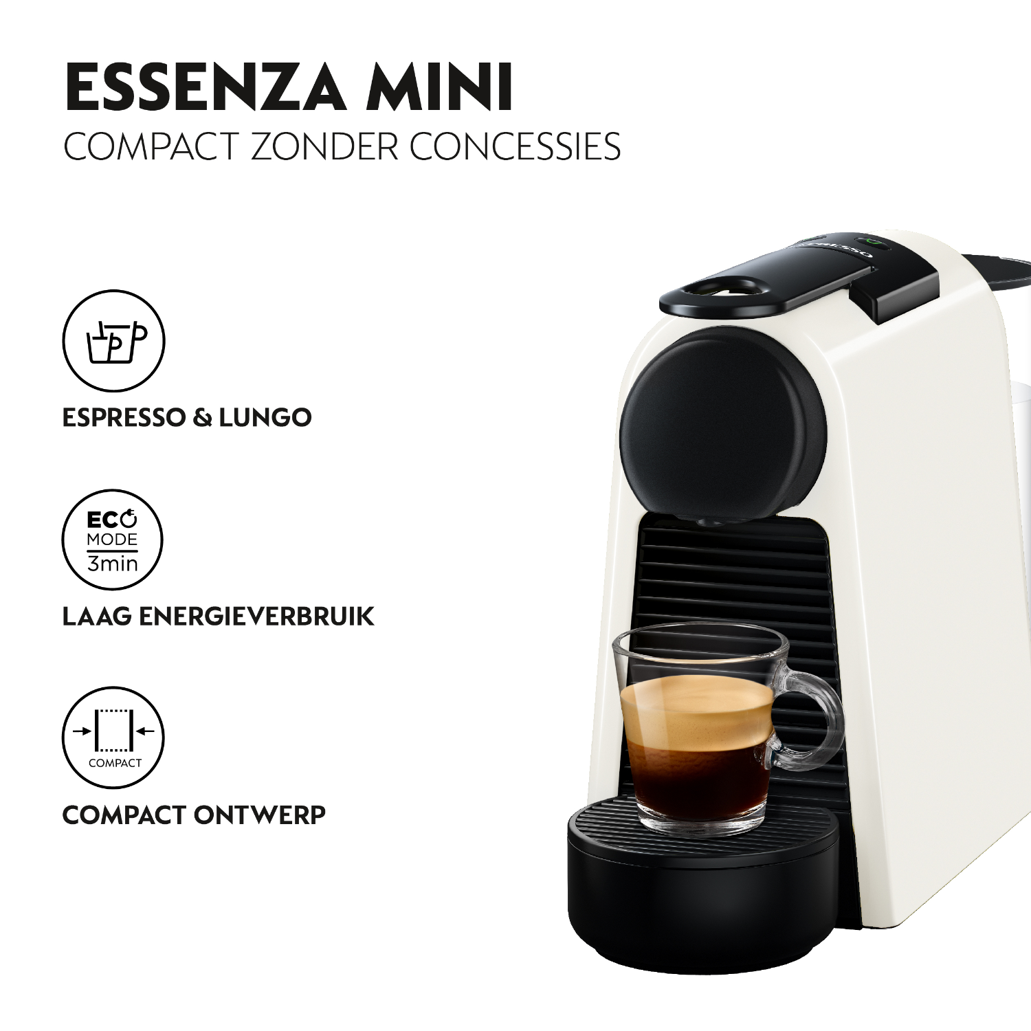 Wit en zwarte koffiemachine met tekst en iconen ernaast. Een glas koffie is zichtbaar.