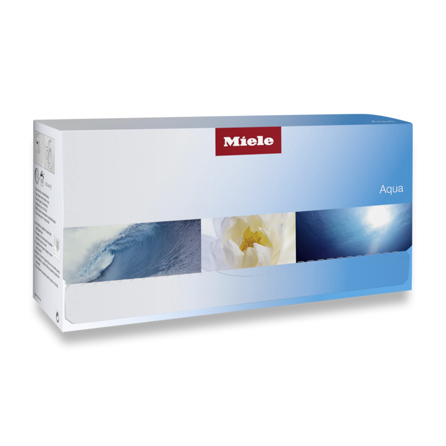 Scatola con un design bianco e blu, con tre immagini e il marchio Miele.