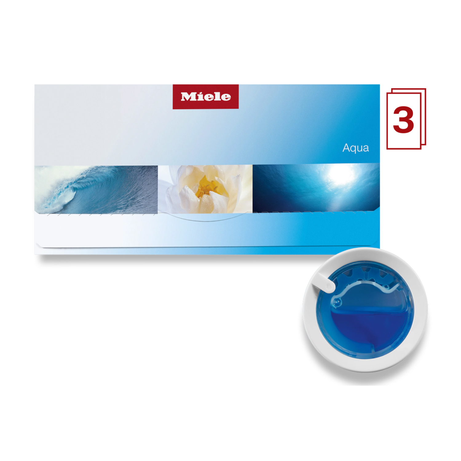 Il set di prodotti Miele Aqua include detersivo e un volantino.