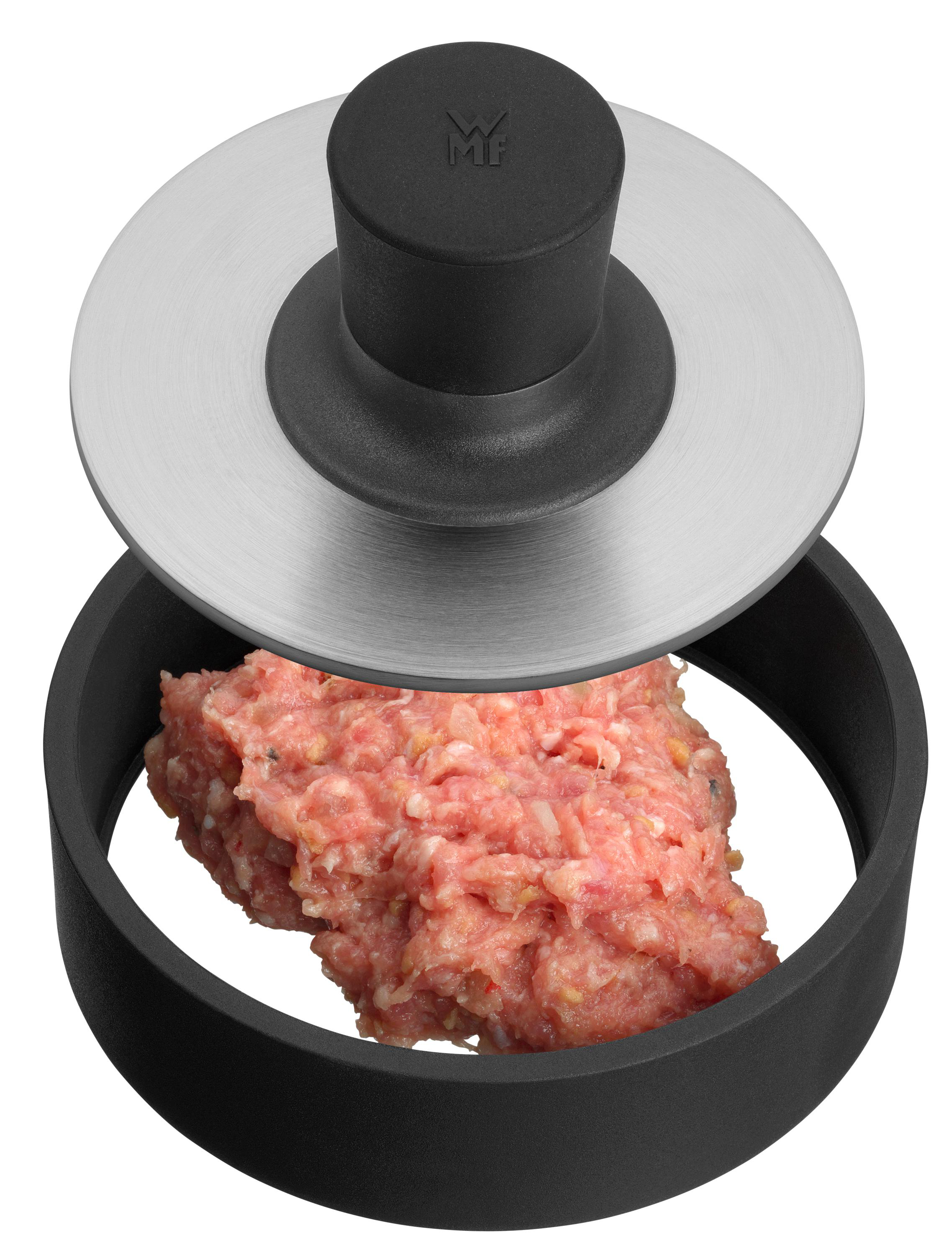 Burgerpresse mit Hackfleisch, der obere Teil ist Edelstahl und schwarzer Griff.