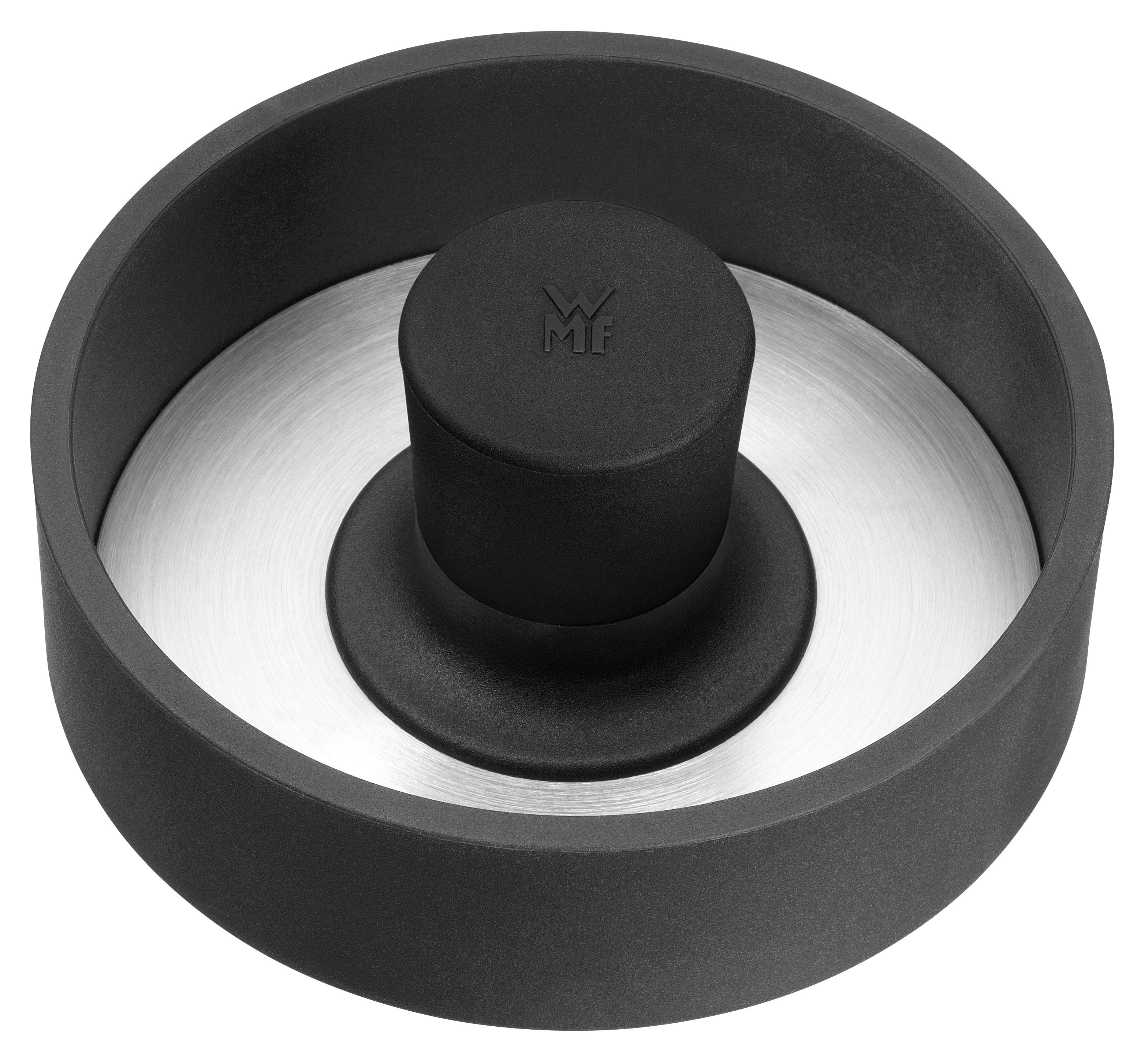 Schwarzer WMF-Deckel mit silbernem Innenraum und schwarzem Griff.
