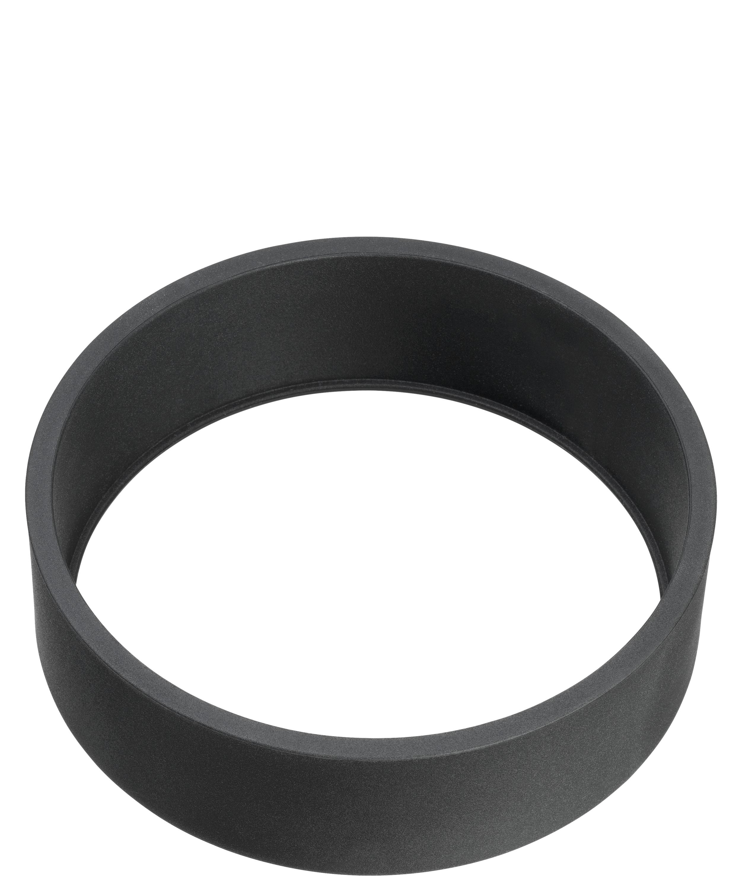 Ein schwarzer kreisförmiger Ring, isoliert auf weißem Hintergrund. Der Ring besteht aus mattem Material.