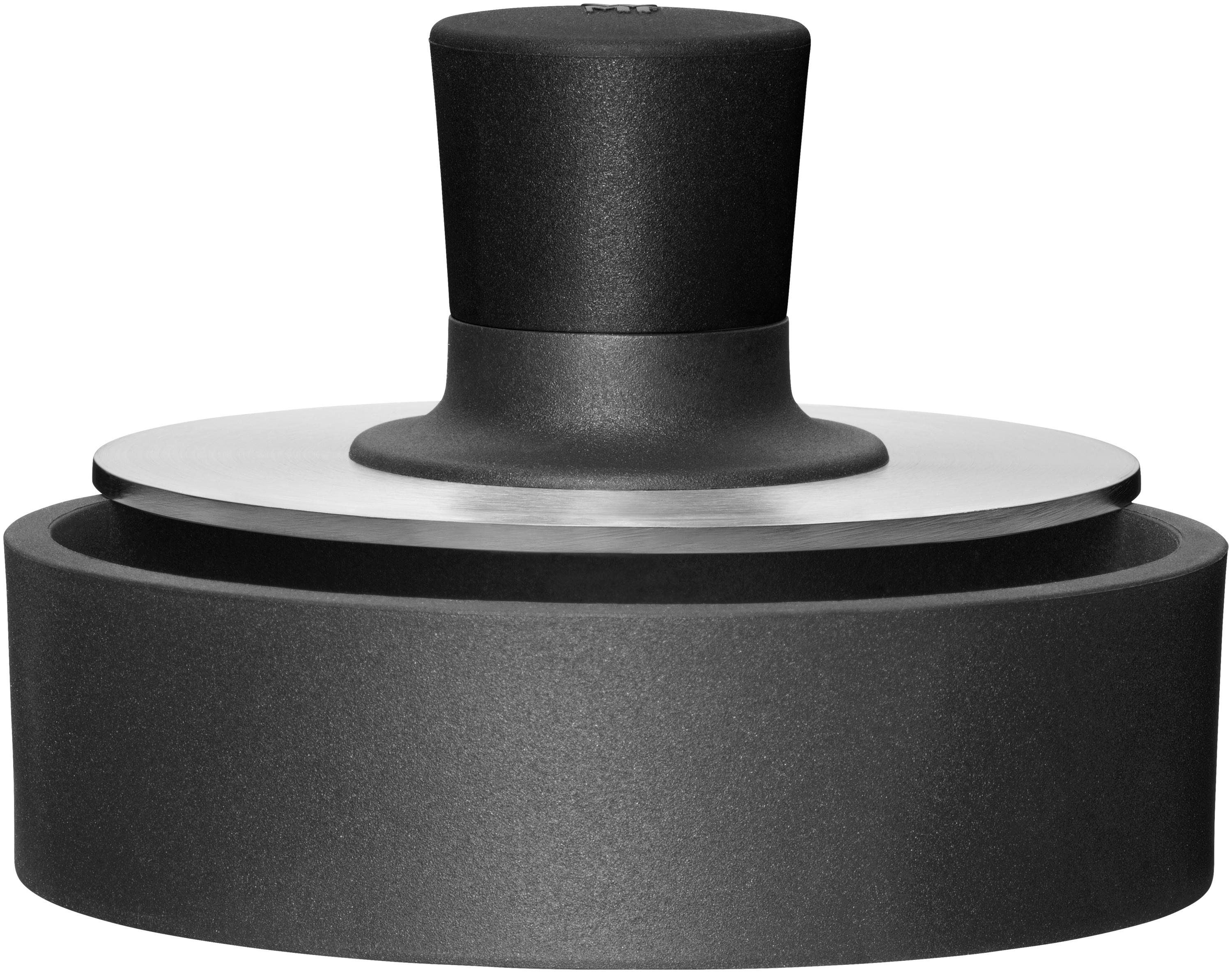 Schwarze Burgerpresse. Schwarzer Griff, silberne Pressplatte und schwarze Basis.