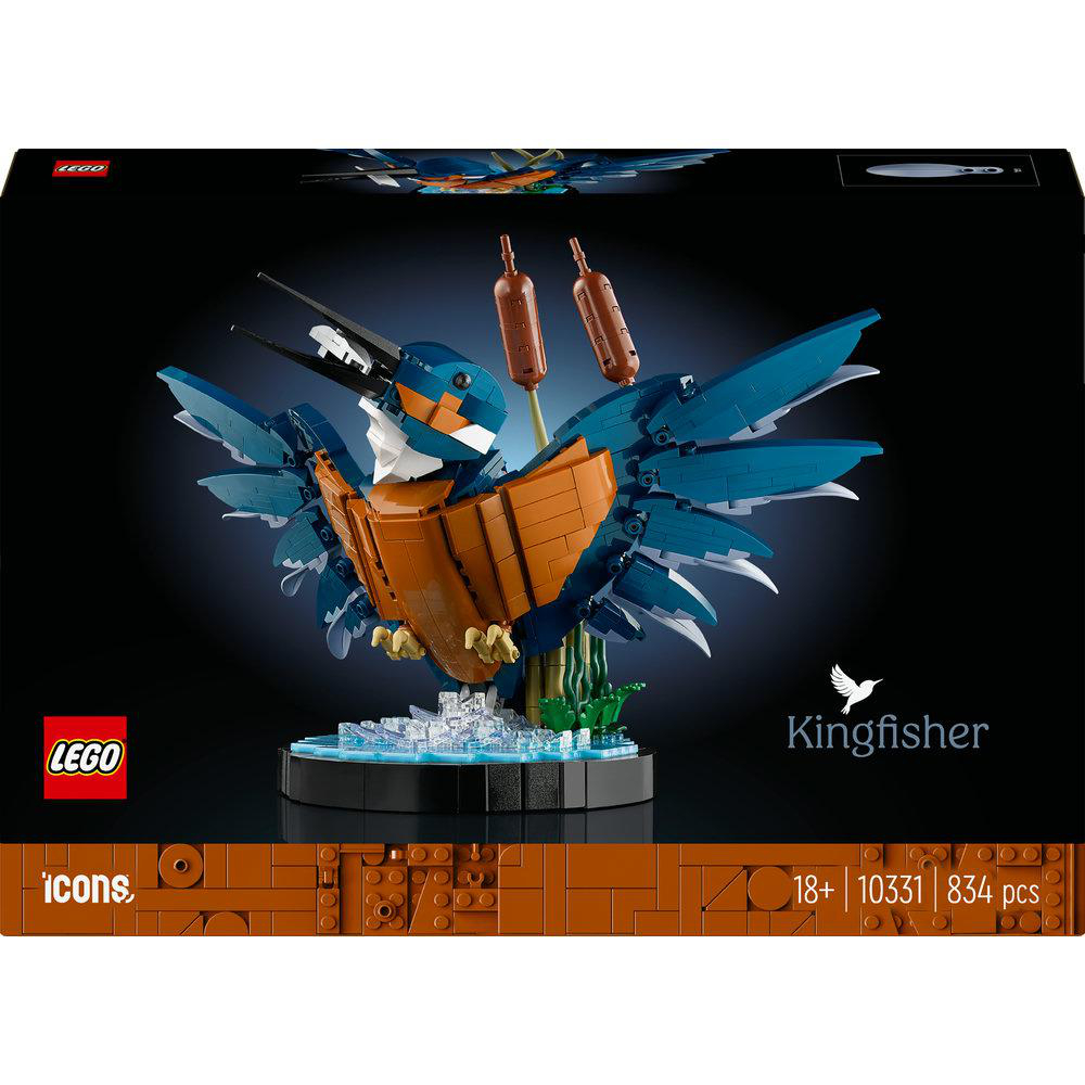 Lego-Set-Box eines Eisvogels mit ausgebreiteten Flügeln, auf schwarzem Hintergrund, mit Text.