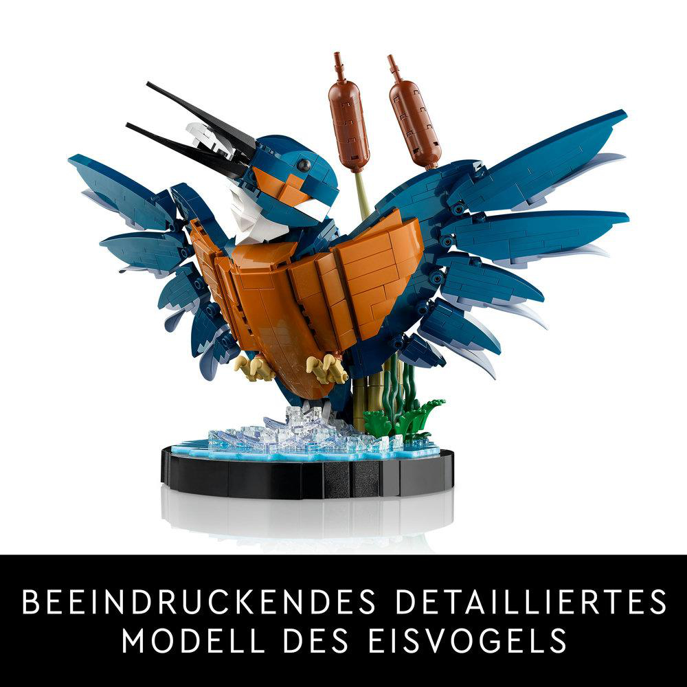 Ein LEGO-Modell eines blau-orangen Eisvogels auf schwarzer Basis, mit Rohrkolben.