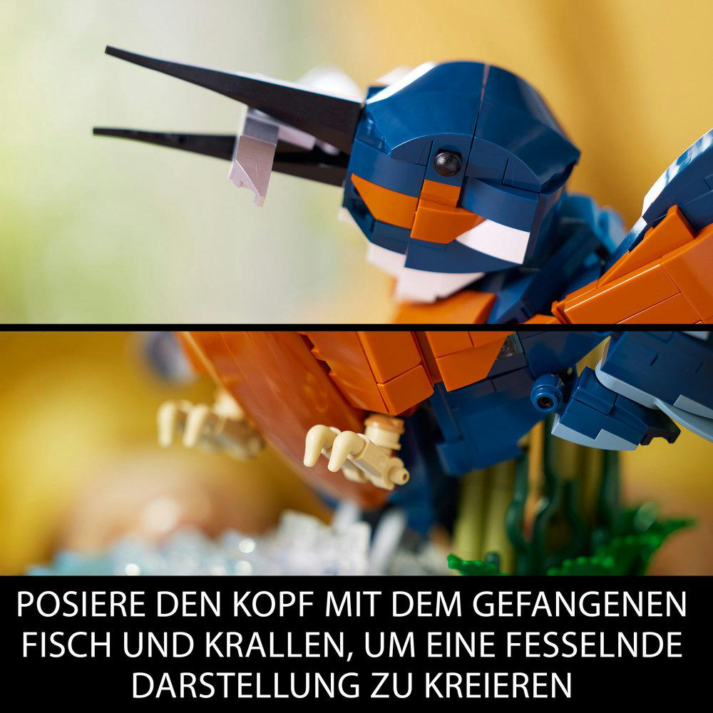 Nahaufnahme eines LEGO-Vogels, Text: 'Setze den Kopf mit Fisch und Krallen für eine tolle Show'.