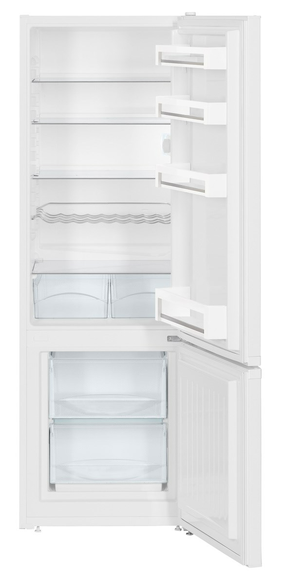 Fehér Liebherr hűtőszekrény nyitott ajtókkal, polcokat és fiókokat mutatva.