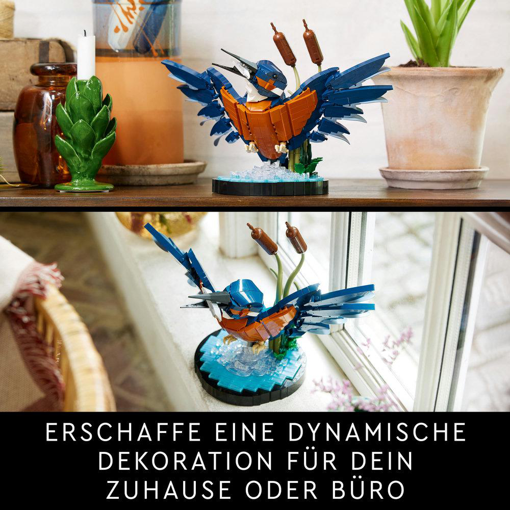 Ein Lego-Vogelmodell auf einem Regal, mit einem zweiten Bild des Vogels und Text zur Erstellung einer dynamischen Dekoration.