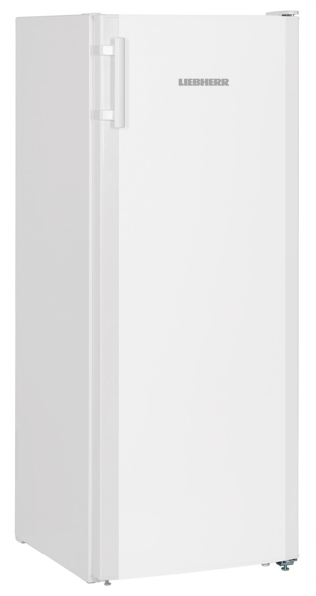 Fehér hűtőszekrény. Egyszerű design, magas, oldalsó fogantyúval.