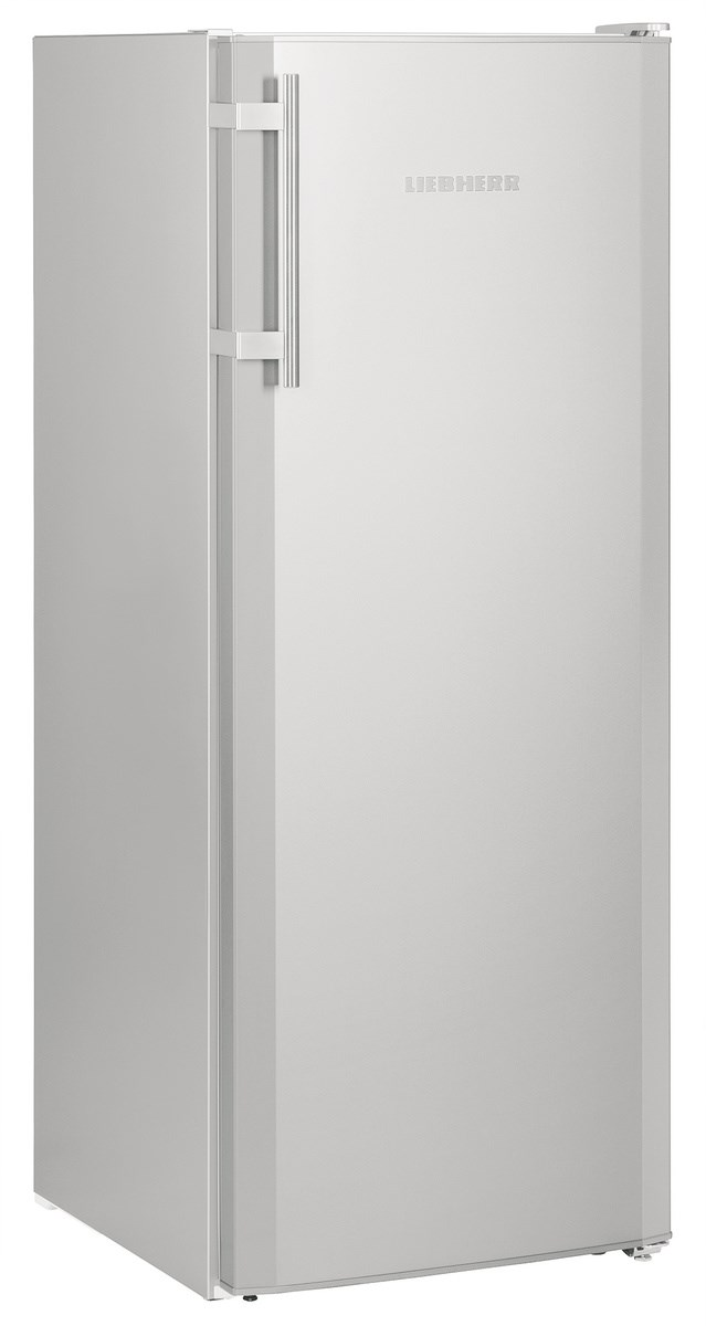 Ezüst Liebherr hűtőszekrény oldalsó fogantyúval. Függőlegesen áll.