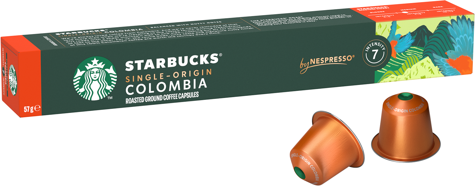 Capsule di caffè Starbucks Colombia in una scatola e due capsule.