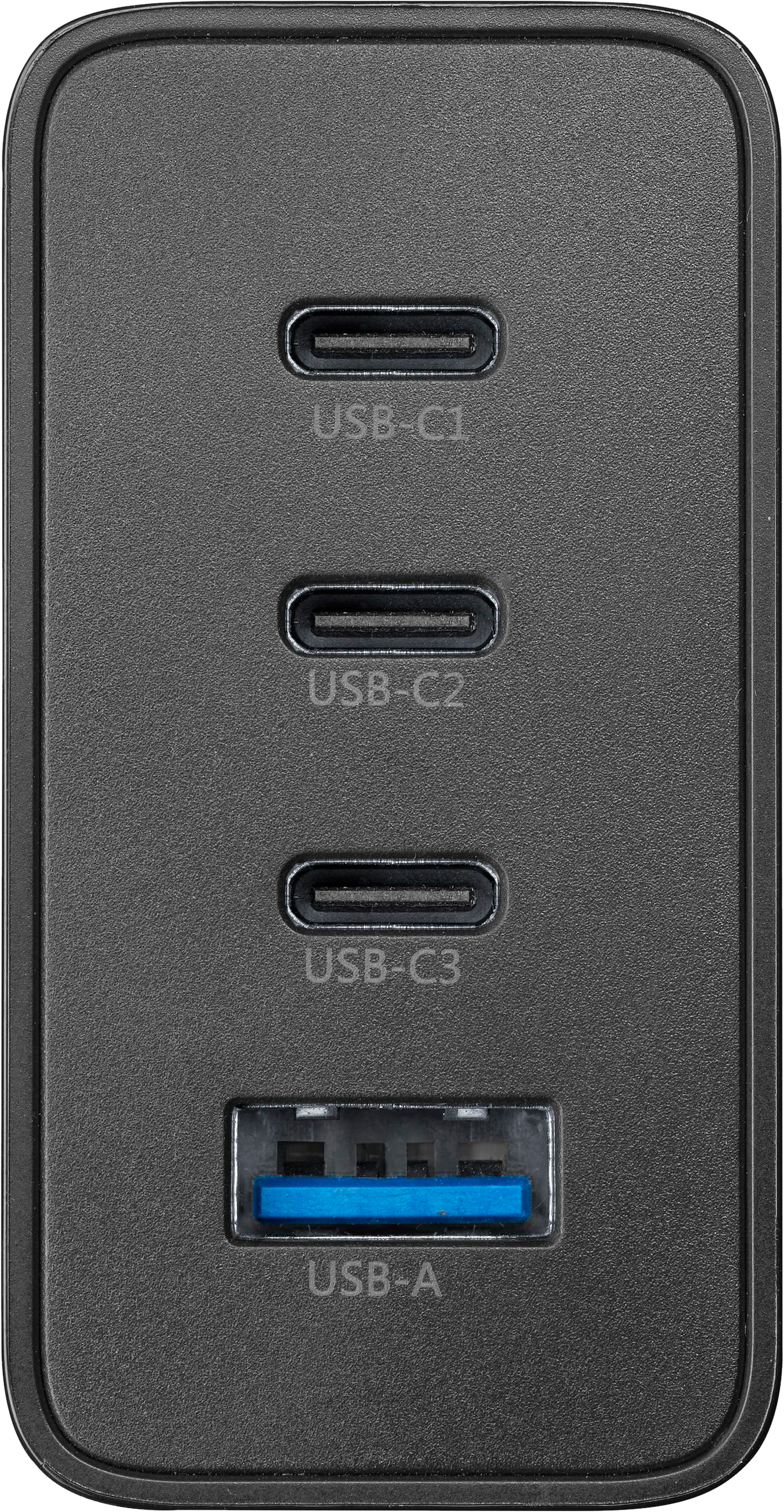 Ein schwarzer Netzadapter mit vier USB-Anschlüssen. Drei USB-C-Anschlüsse und ein USB-A-Anschluss.