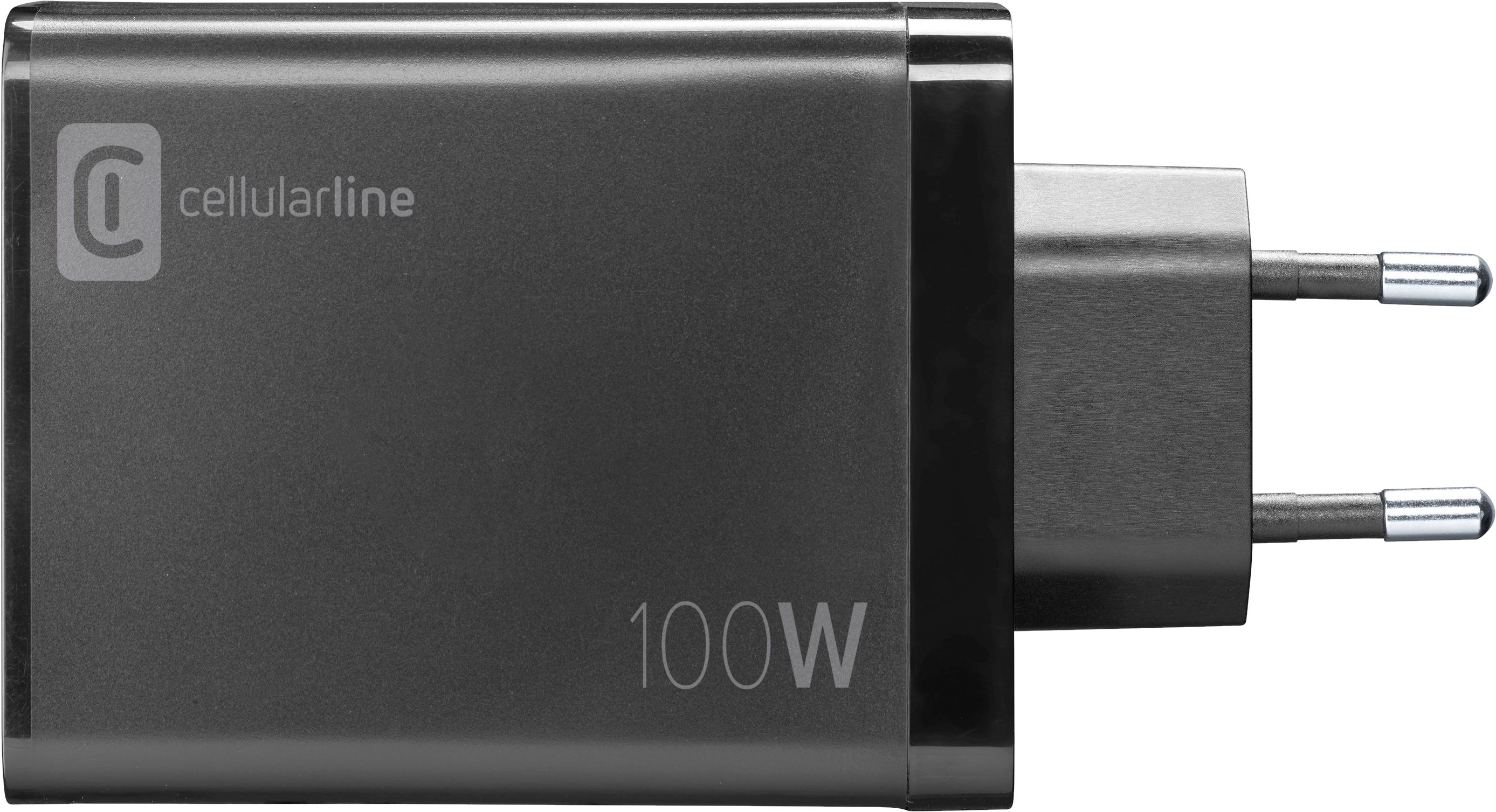 Schwarzes cellularline-Ladegerät mit 100W Aufdruck und einem zweipoligen Stecker.