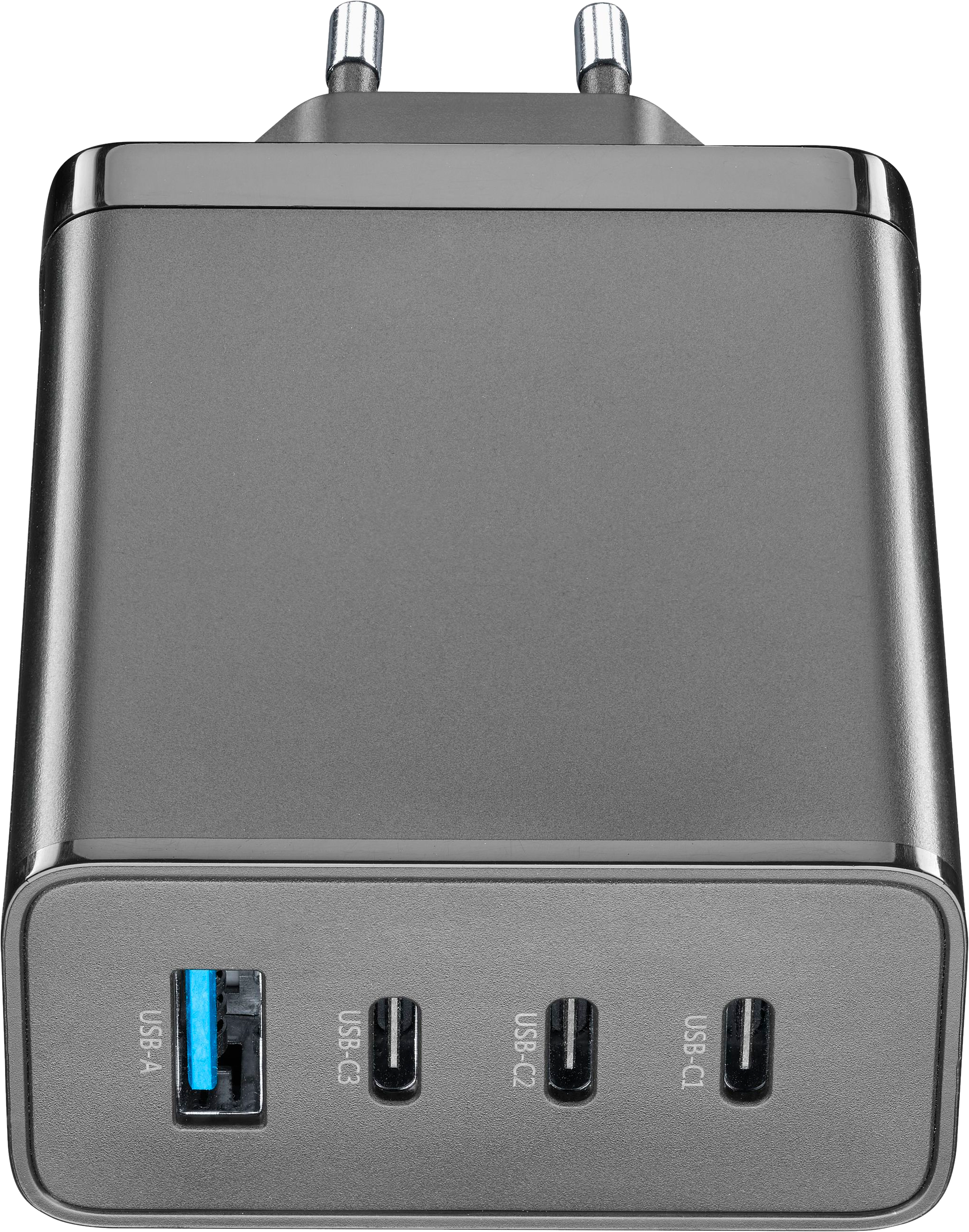 Graues Ladegerät mit mehreren USB-Anschlüssen und Stiften. Die Anschlüsse sind beschriftet.