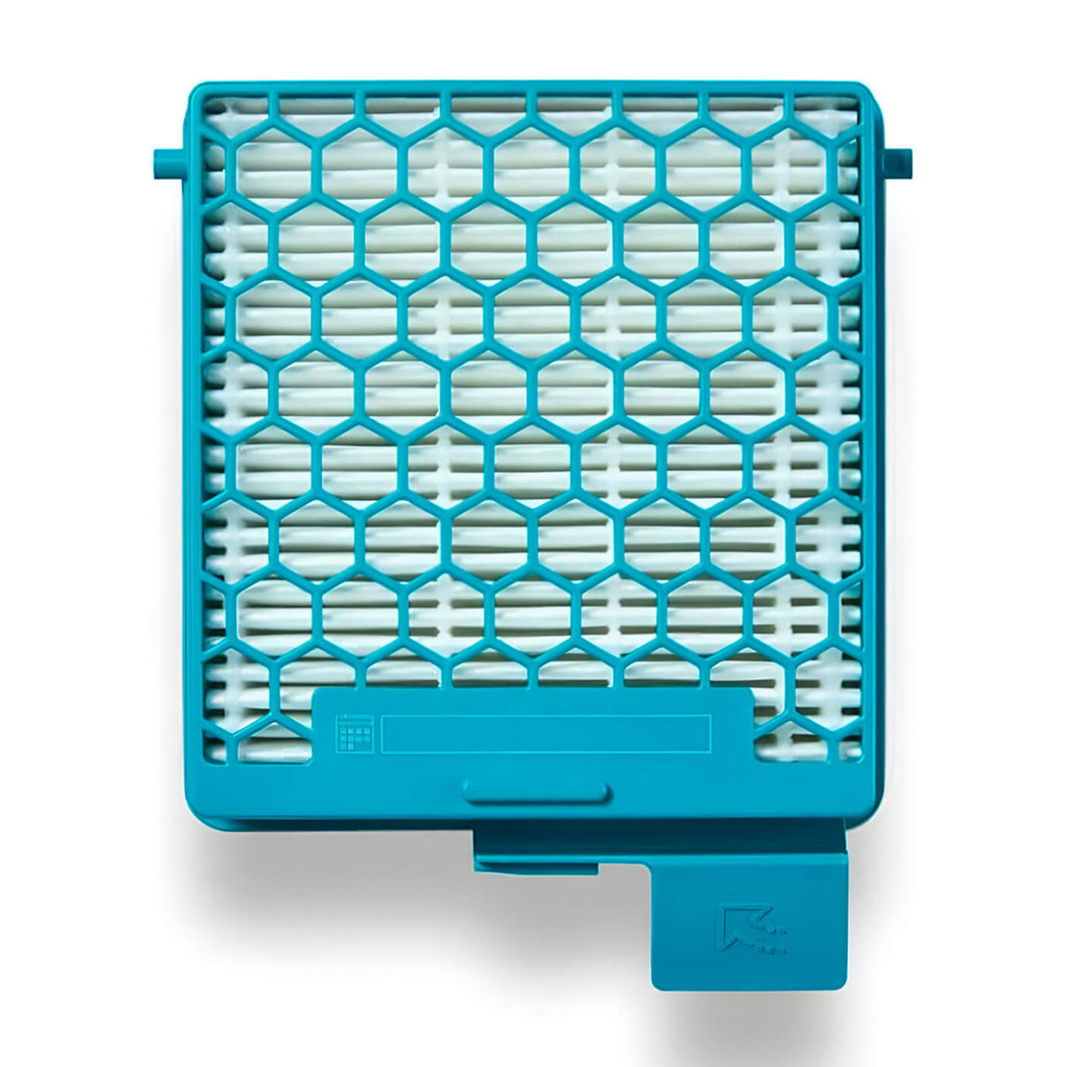 Un filtro dell'aria turchese con un design a nido d'ape e un interno bianco, posto su una superficie bianca.