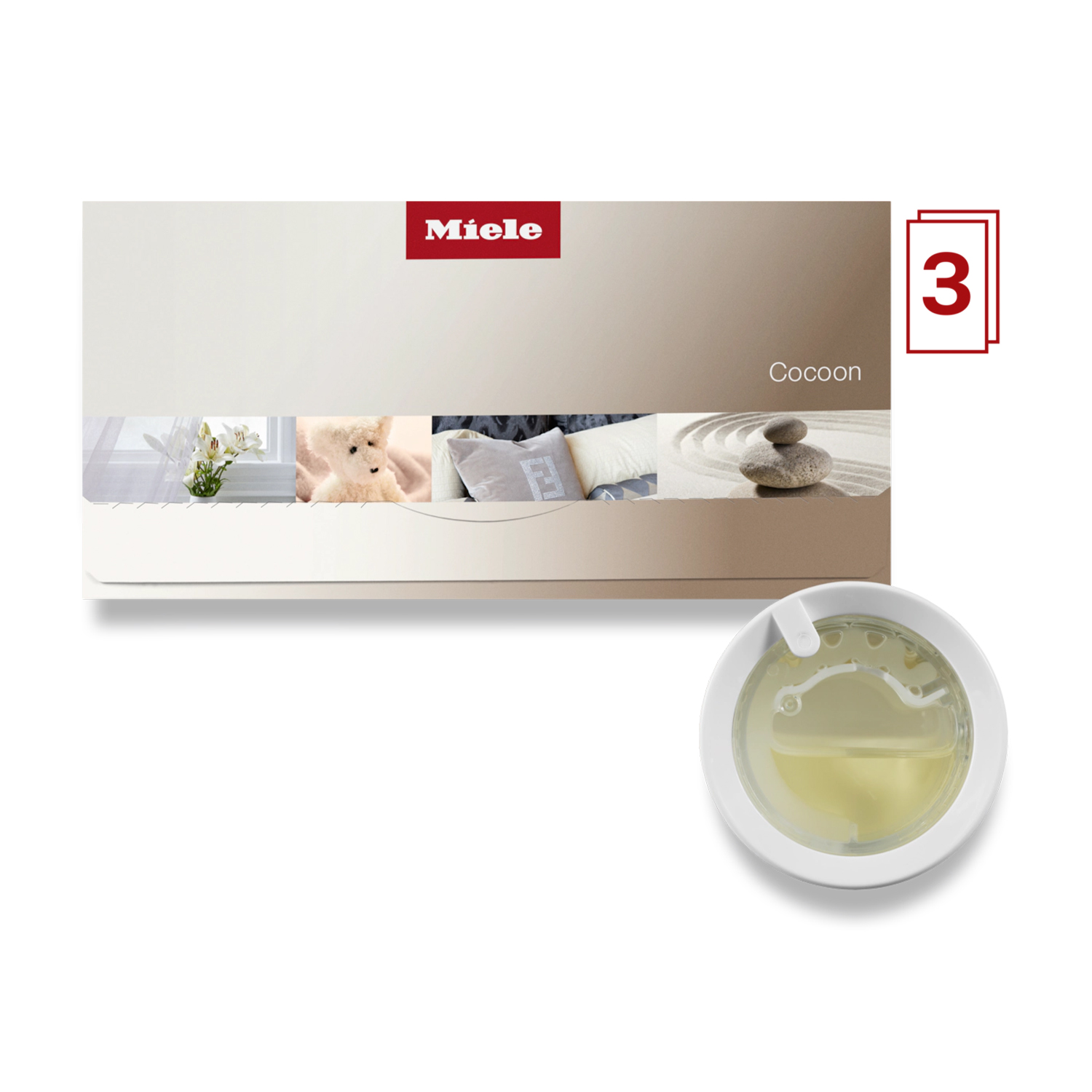 Immagine di un pacco prodotti Miele con immagini di una stanza e oggetti benessere.
